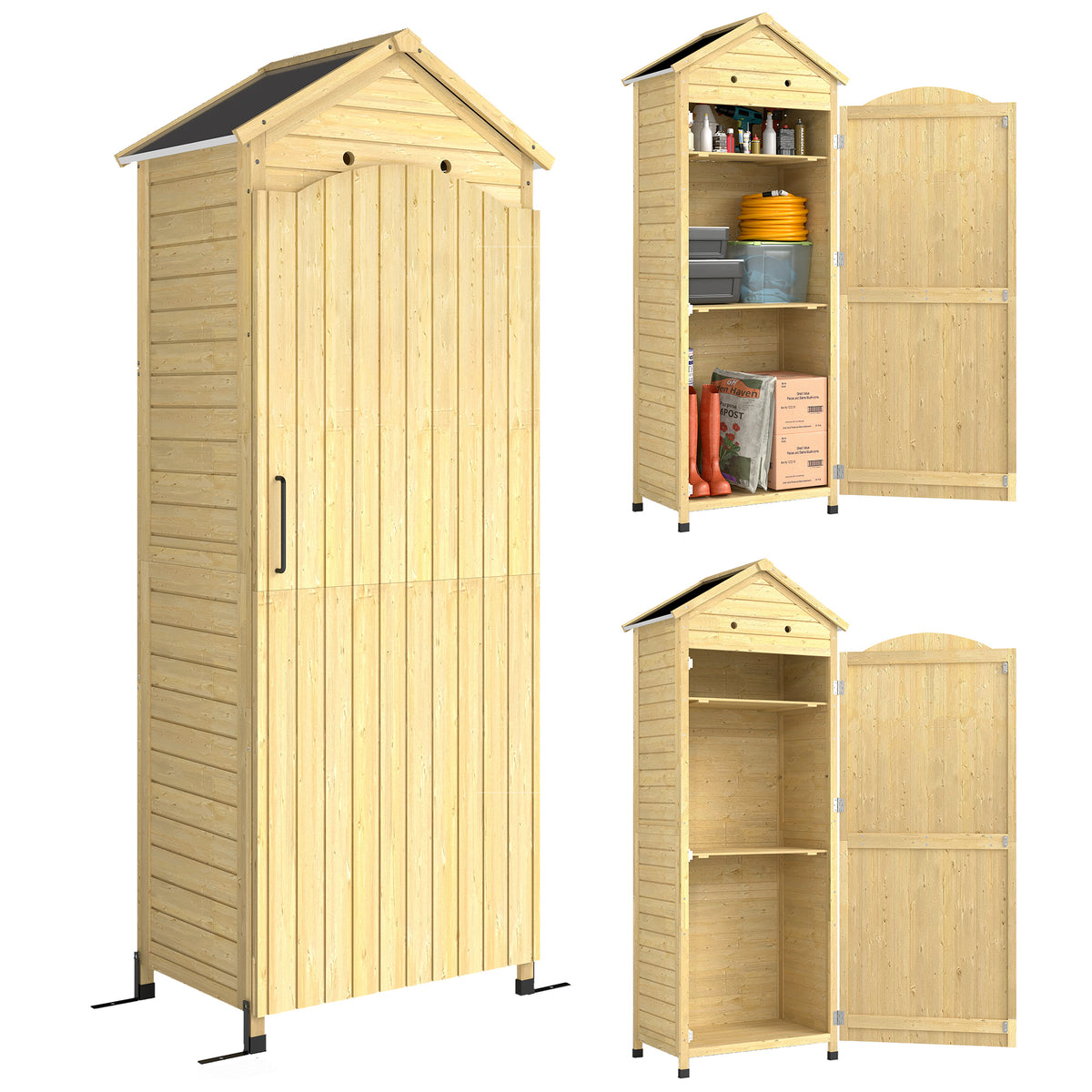 Haveskab træ justerbar hylde magnetisk dør galvaniseret tag ventilation 85x58x213 cm naturtræ
