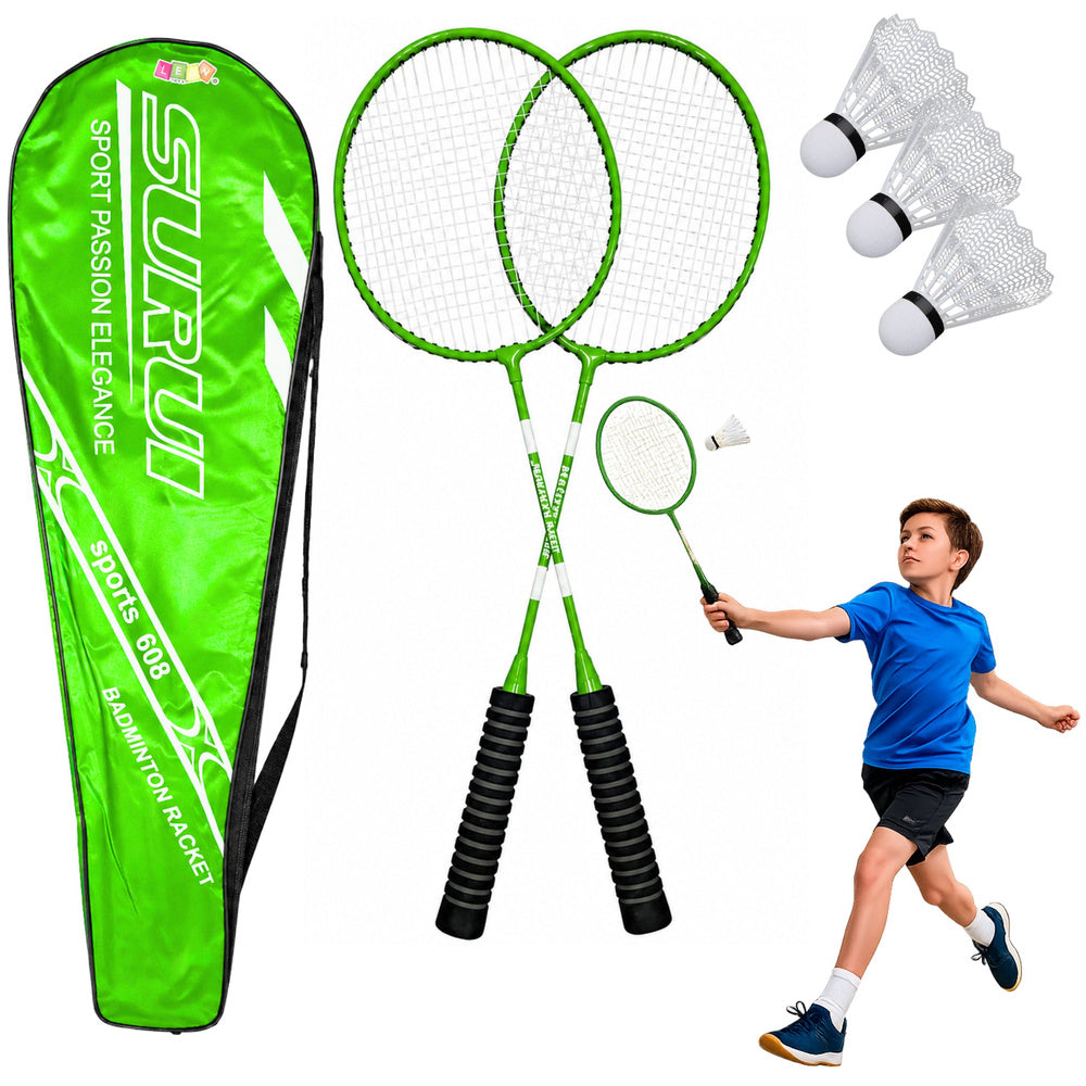 Badminton-sæt bestående af ketsjere, 3 fjerbolde og et grønt etui