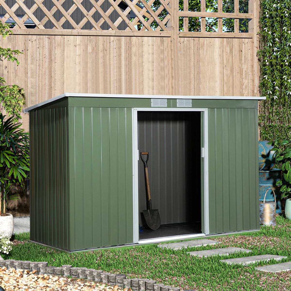 Metal tool shed 6.3m³ 280x130x172cm tool storage shed with pent roof sliding door weatherproof garden house (2)