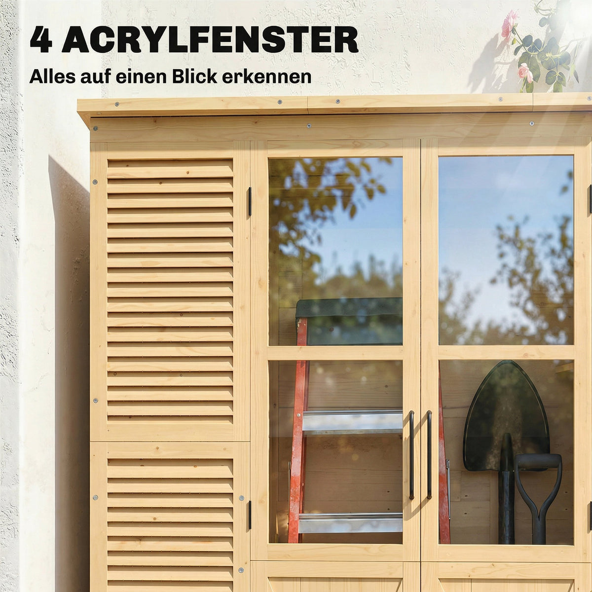 Tuinkast hout met legplank acrylvensters dubbele deur asfalt dak lamellenventilatie bodemplaat 147x68x198cm (5)