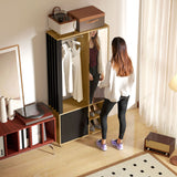 Wardrobe with mirror and hanging rail, storage compartments, open shelves, natural wood, black (9)
