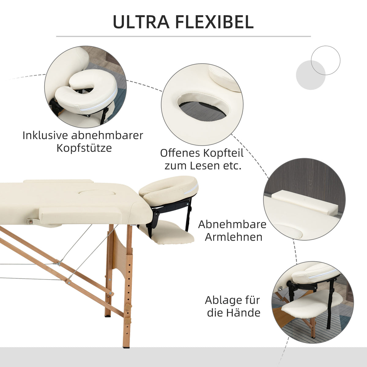 Massage table, foldable massage couch, height-adjustable massage bench for spa, salon, faux leather, wood, cream (5)