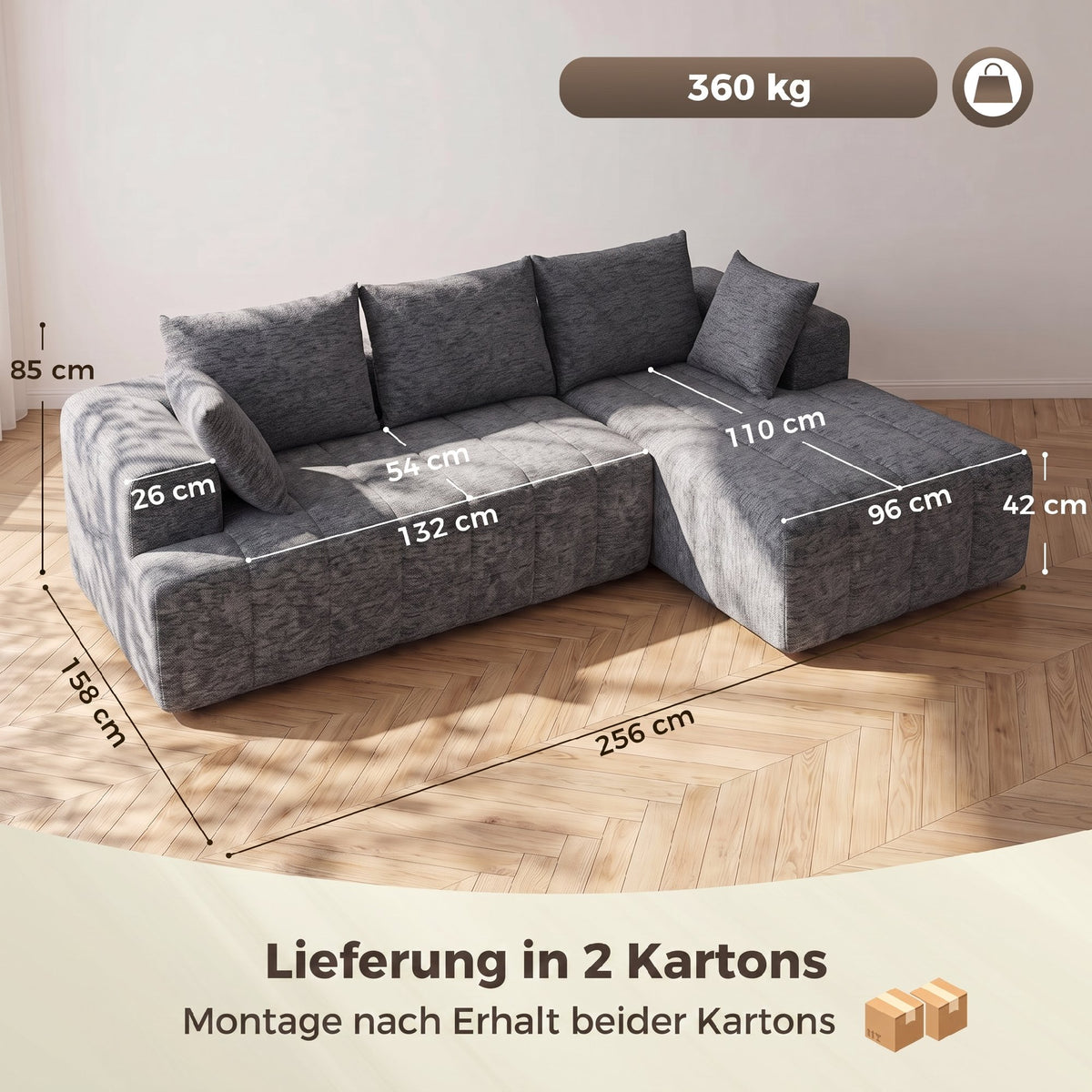 3-personers L-formet hjørnesofa med chaiselong, konvertibel Chenille-Cloud-sovesofa med springfjedre, grå (3)