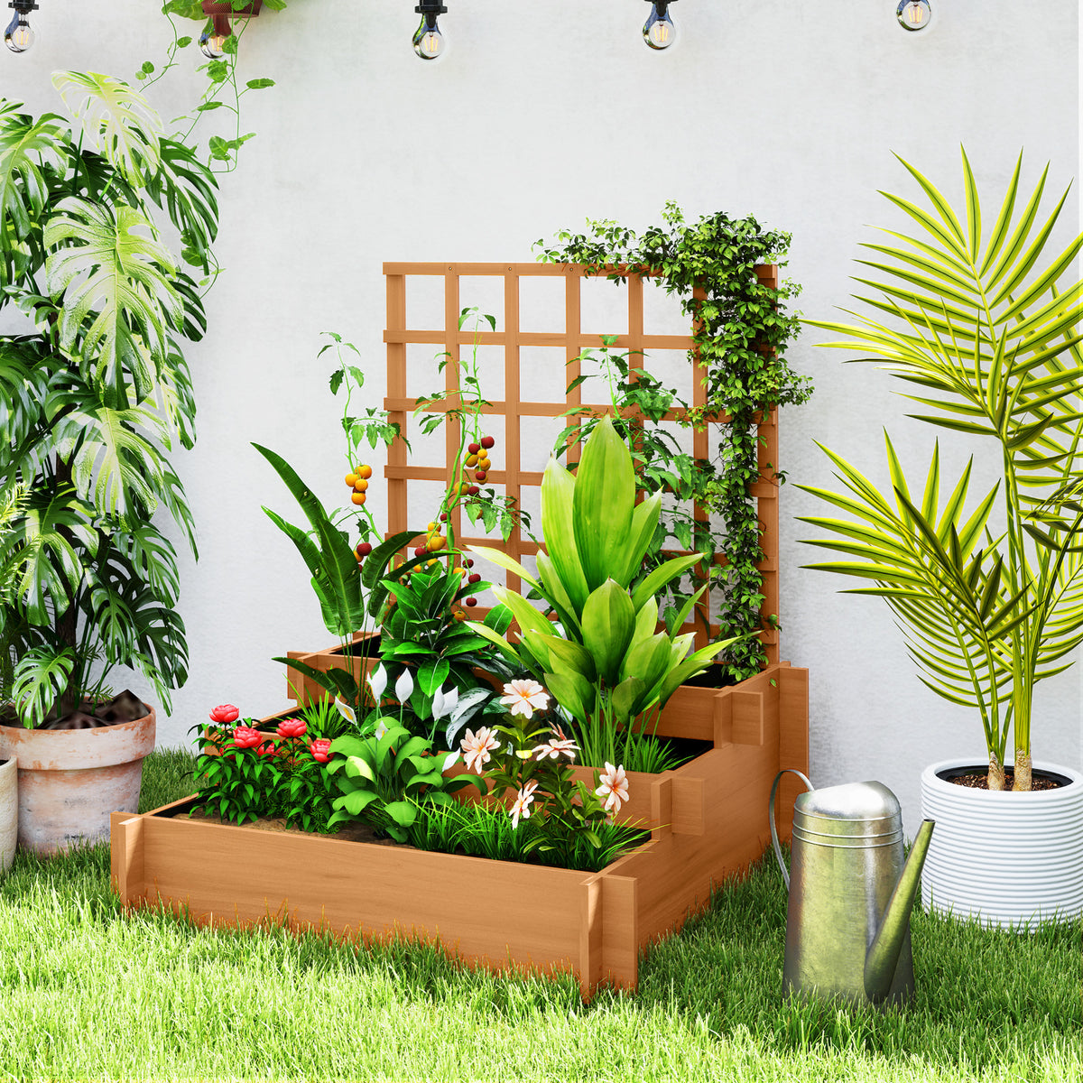 Outsunny Hochbeet mit Rankhilfe, 3-stufig Blumenkasten mit Vliesstoff Tannenholz, Braun, 95 x 95 x 110 – Produktabbildung 2