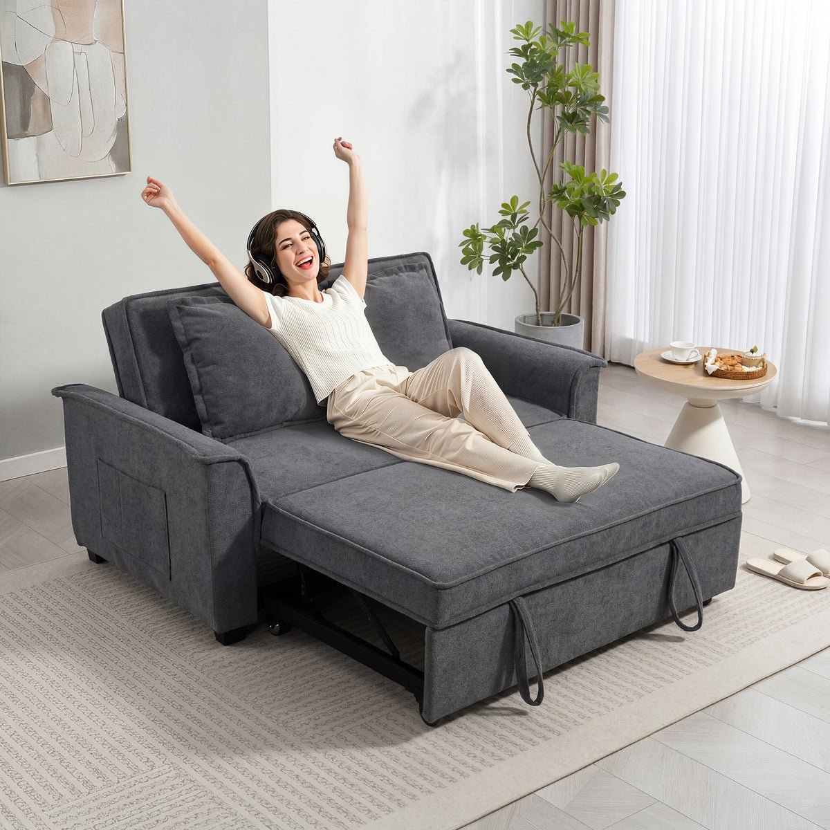 Futon-sovesofa, justerbart ryglæn, 2-personers med 2 puder, mørkegrå (8)
