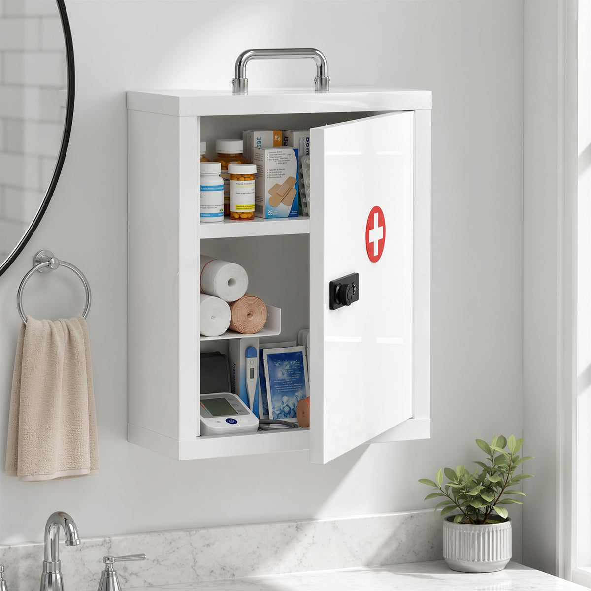 Wall-mounted medicine cabinet with combination lock, 3 shelves, lockable steel first-aid cabinet, white (2)
