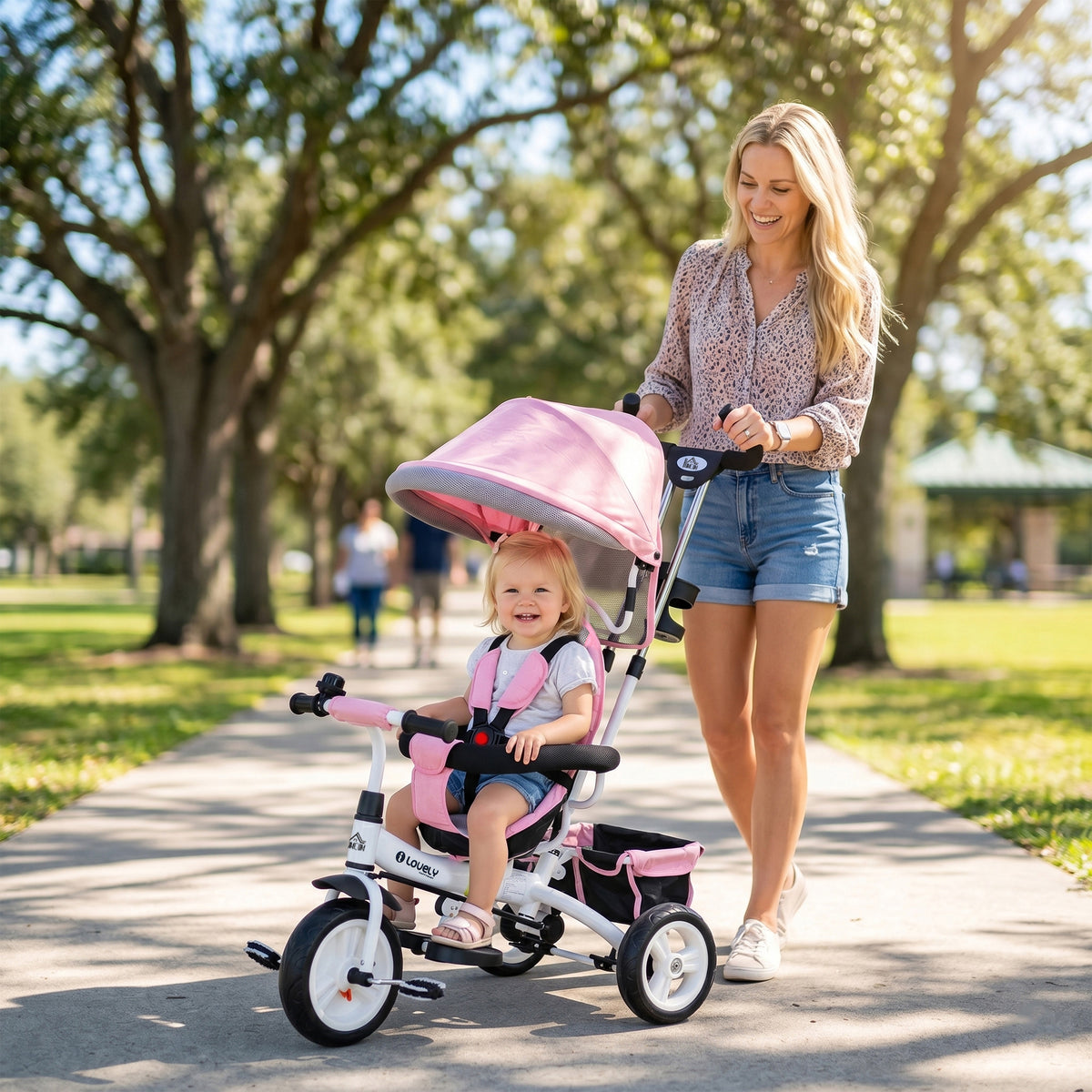 6-in-1 children's tricycle with push handle, canopy, safety belt, storage basket, for 1-5 years, pink (2)