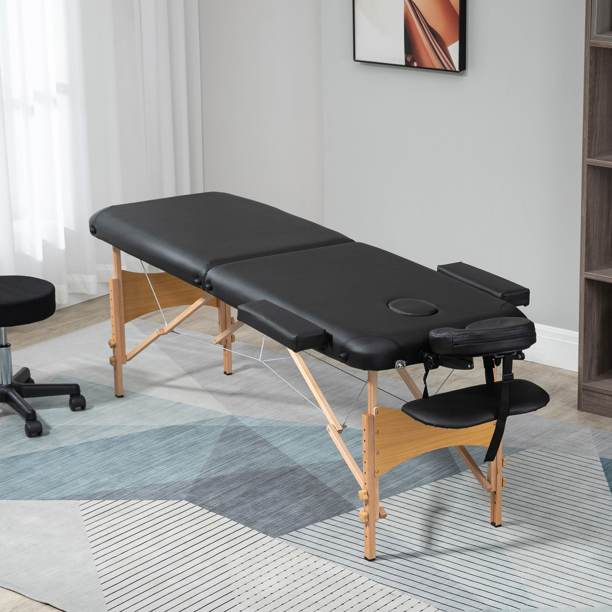 Massage table, foldable massage couch, height-adjustable massage bench for spa, salon, faux leather, wood, black (2)