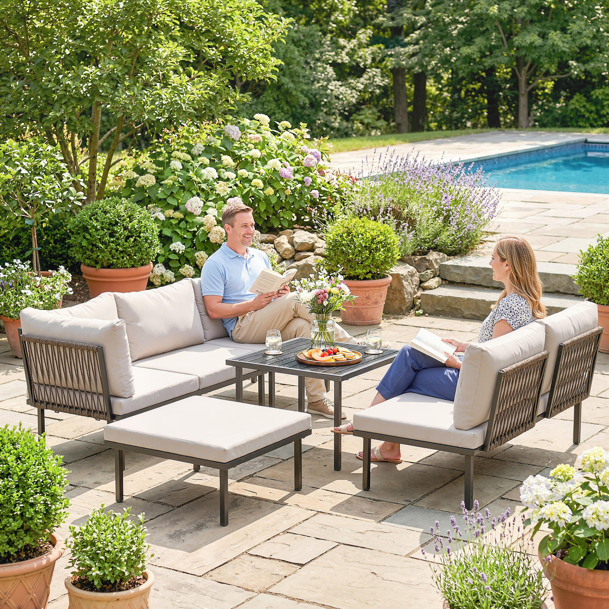 Lounge garden furniture set for 5-6 people, patio lounge set with 2-seater garden sofa, 2 chairs, corner chair (8)