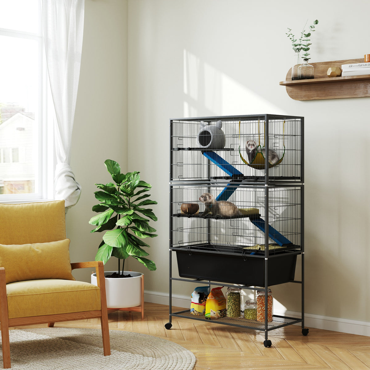 Small animal cage, pet cage with 5 levels, non-slip ramps, hammock, 88 x 48 x 150.5 cm, dark grey (2)