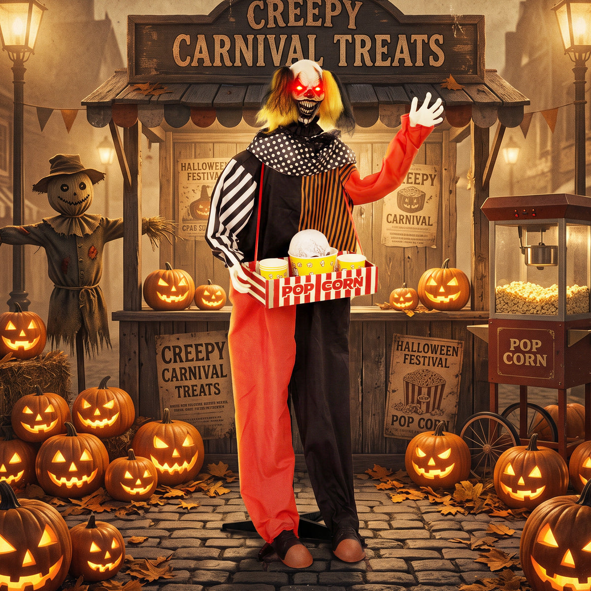 Animated Halloween popcorn clown with popping head, scary sound, carnival music, and glowing eyes (2)