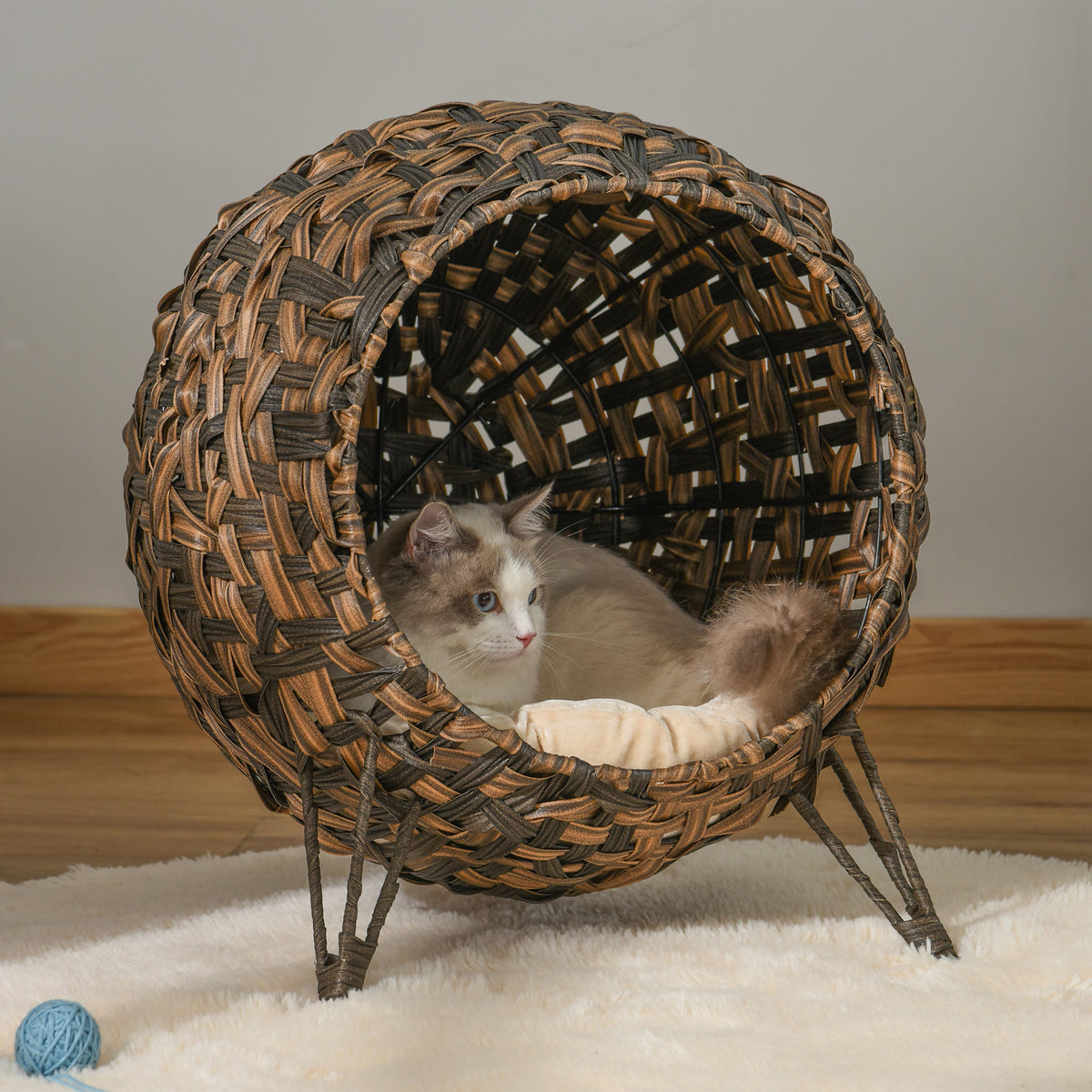 Maison pour chat en rotin avec coussin, panier pour chat, niche pour chat avec pieds surélevés, marron, Ø 52 x (2)