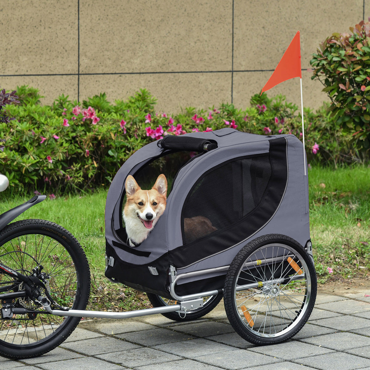 Dog trailer, bicycle trailer up to 20kg, foldable with universal hitch, reflectors, flag, storable (2)