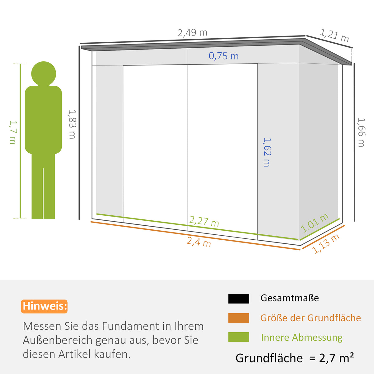 Metal garden shed, tool shed, double door, 249 x 121 x 166/183cm, light grey (3)