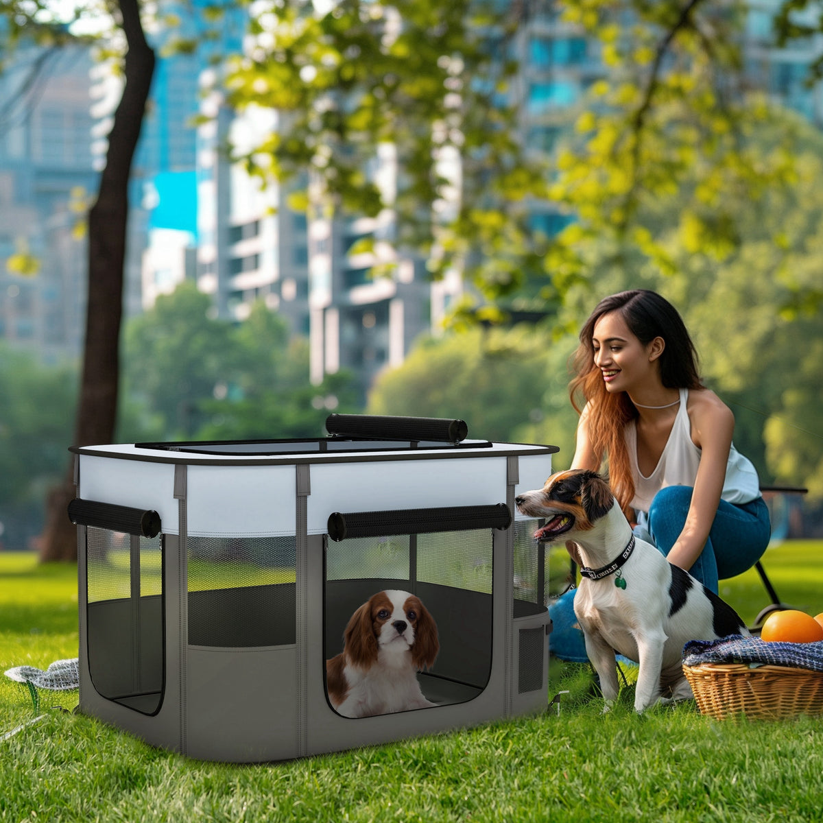 Pet playpen, foldable, with storage bag, for puppies and kittens, indoor and outdoor, grey (2)