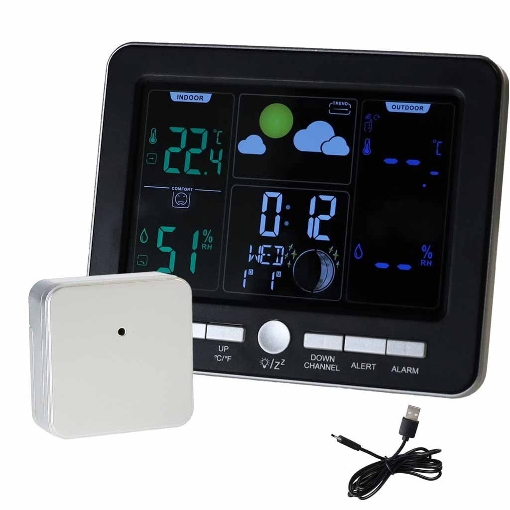 IKONKA Wetterstation mit Thermometer, Hygrometer, Uhr und Wecker, USB-Anschluss