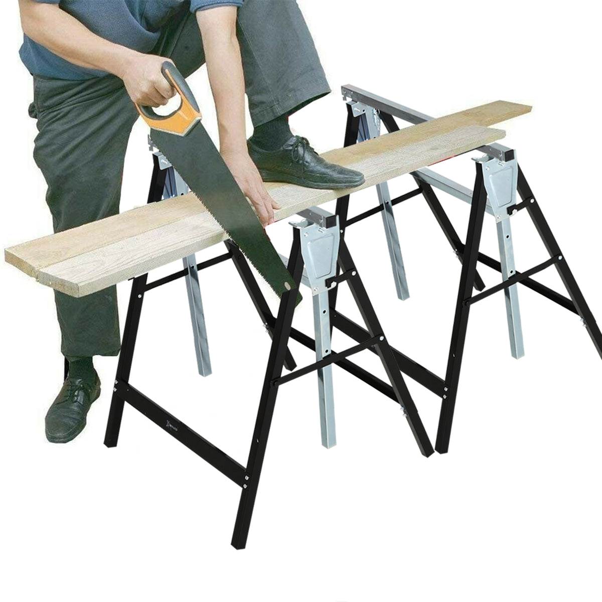 Sawhorse, Workhorse, Height-adjustable, Foldable, Metal, Black, 68 x 56 x 80-130 cm, Load capacity 200 kg (2)