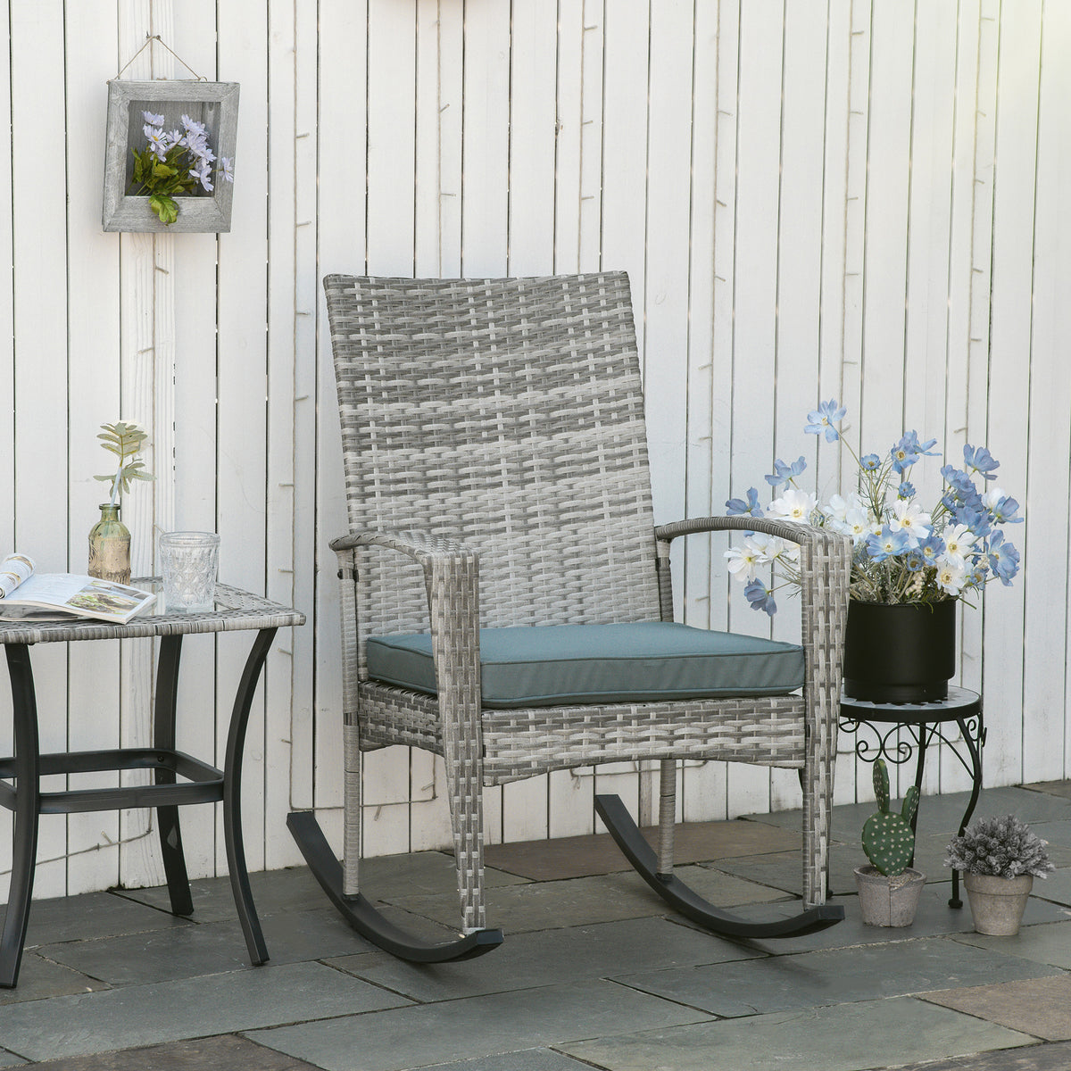 Rocking chair, swinging chair, garden chair with cushion, polyrattan + metal, gray, 66 x 88 x 98 cm (2)