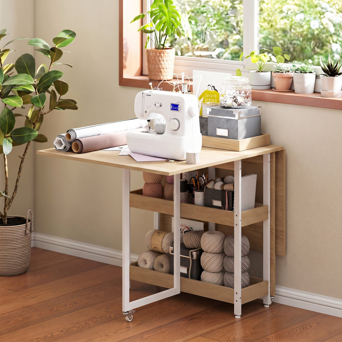 Foldable dining table in industrial design, for up to 4 people, open shelves, flexible, metal, chipboard (8)