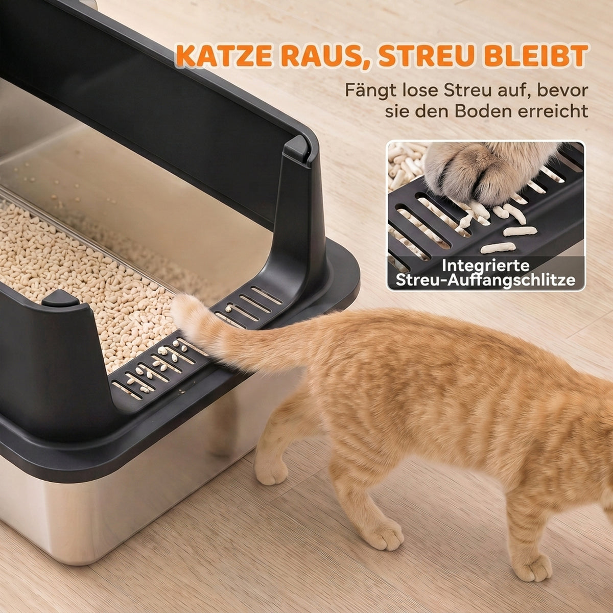 2-piece XL stainless steel litter box set with high rim and lid, 60x40x30cm, semi-open, with 2 scoops, for large (4)