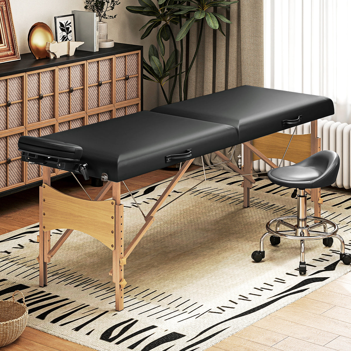 Height-adjustable massage table, wooden frame, foldable massage bed, foam padding, black (2)