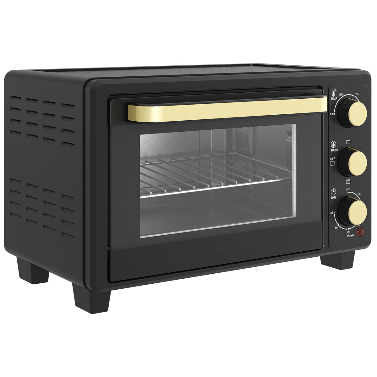 Mini oven, toaster oven, timer, wire rack, baking tray, glass window, metal, black