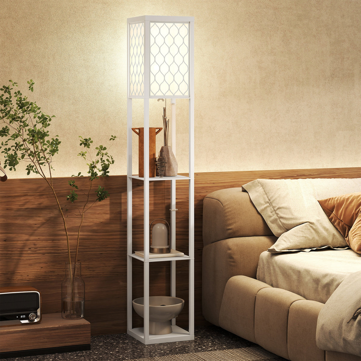 Floor lamp with shelf, 3 compartments, compact dimensions, MDF, white (2)