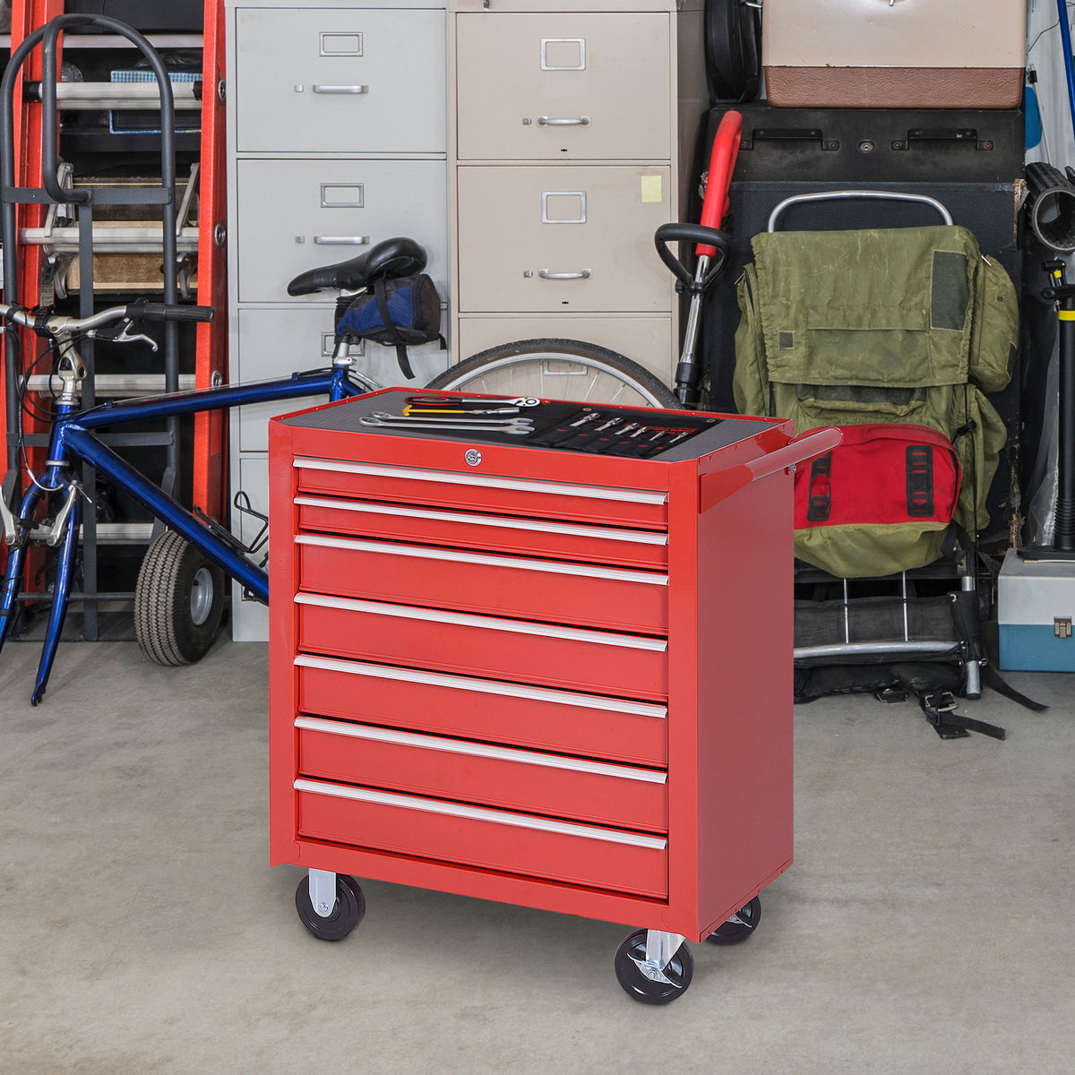 Tool trolley, 2 small & 5 large drawers, steel, up to 150 kg, 69 x 33 x 75 cm, red (2)