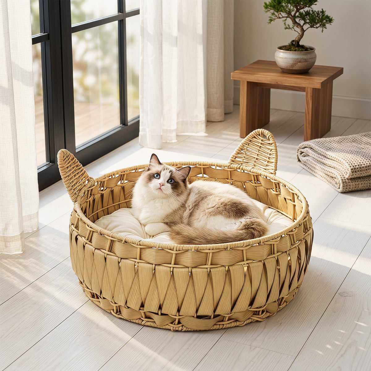 Panier pour chat en rotin, niche pour chat avec coussin amovible, corbeille pour chat jusqu'à 10 kg, 50 x 50 x (2)
