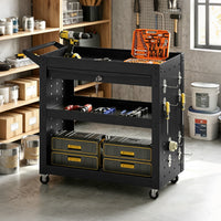 Tool trolley with lockable casters, rolling workshop cart with 3 tiers, drawer and pegboards, black (10)