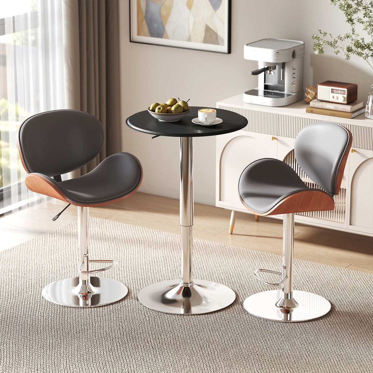 Table de bar, réglable en hauteur, revêtement en similicuir, design vintage, noir + argent (2)