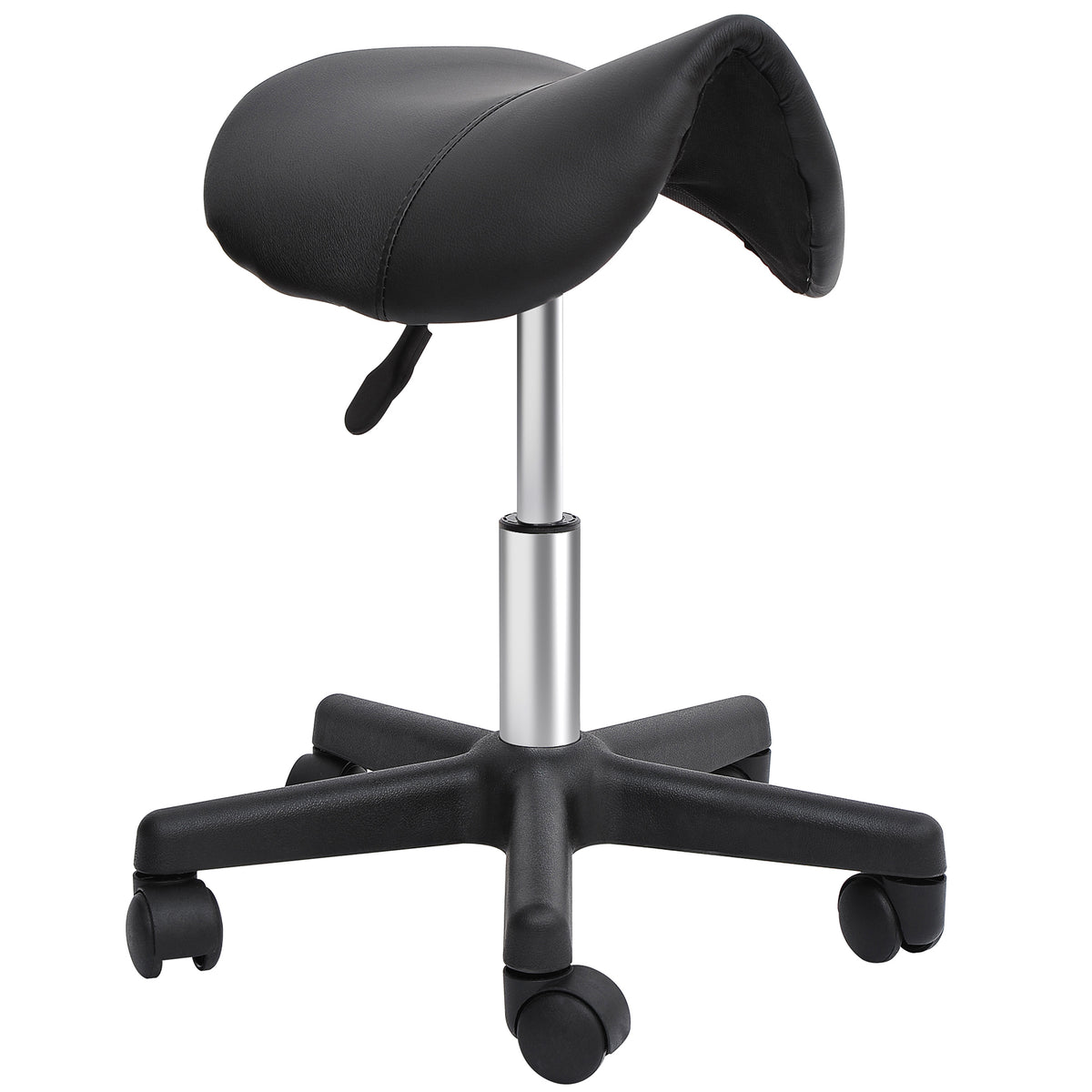 Rolling stool, saddle-shaped seat, height-adjustable, 360° rotatable, faux leather, black, 35 x 38 x 45-55 cm