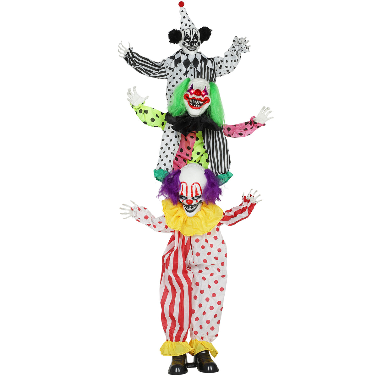 Stackable Halloween animatronic clowns with glowing red eyes for indoor party props