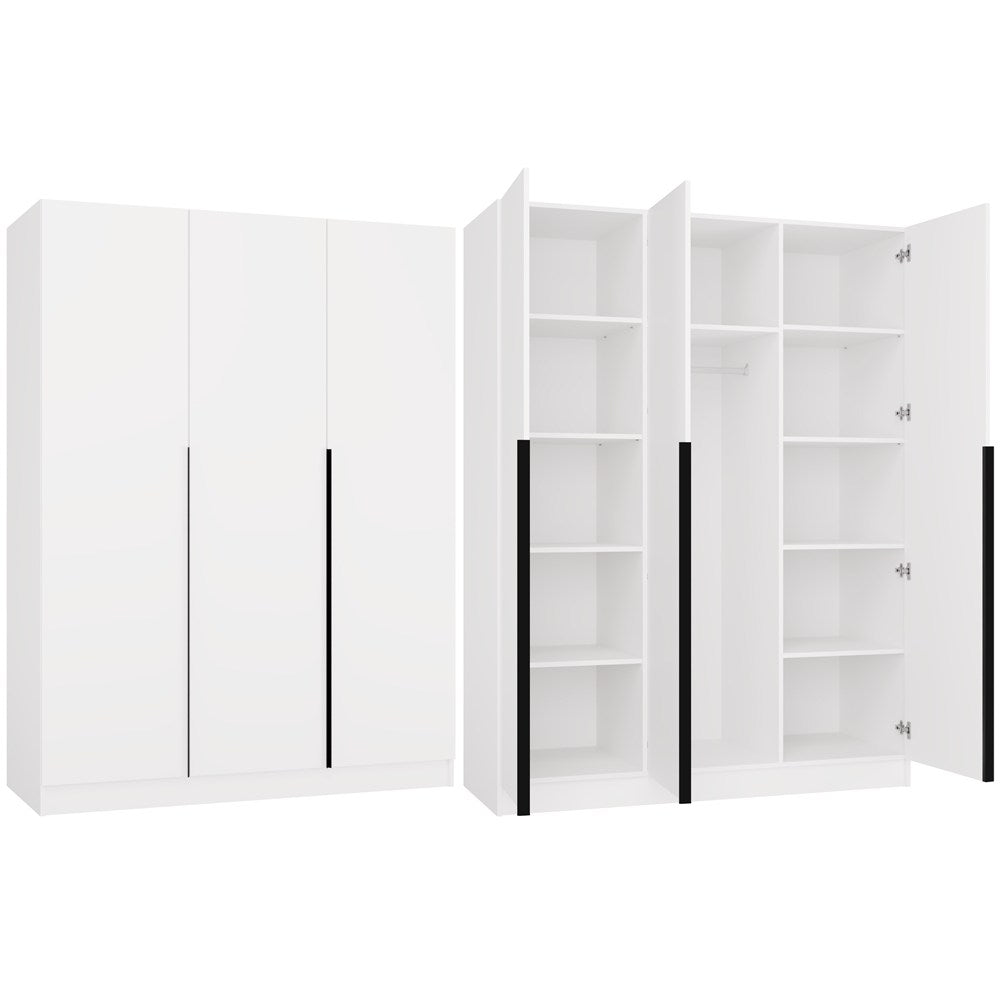 Kleiderschrank SENSO 3D 150 CM 3 Türen Schwarze Griffe für Wohnzimmer Schlafzimmer WEISS