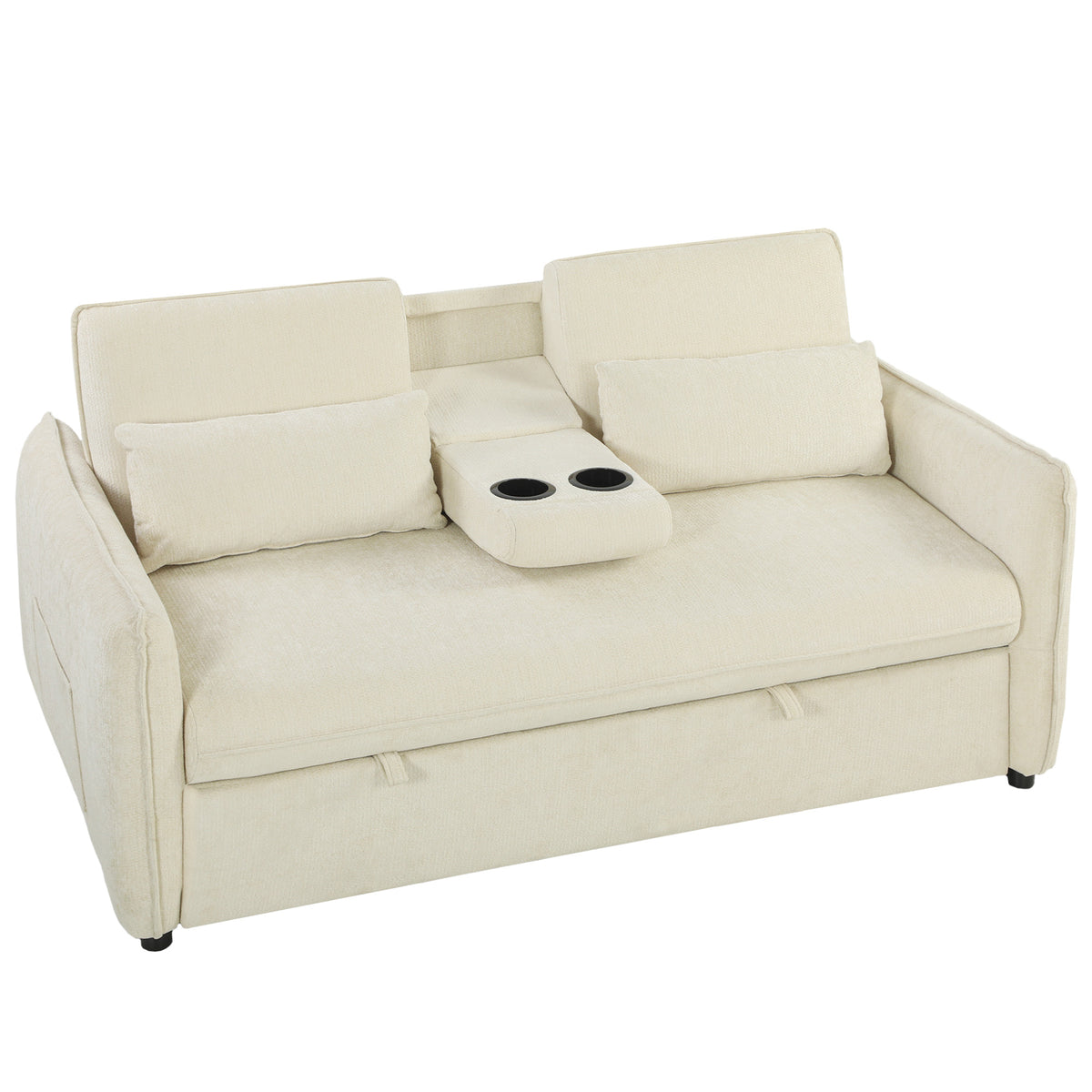 3-i-1 justerbar sovesofa, to-personers med kopholdere, justerbart ryglæn og sidelommer, beige