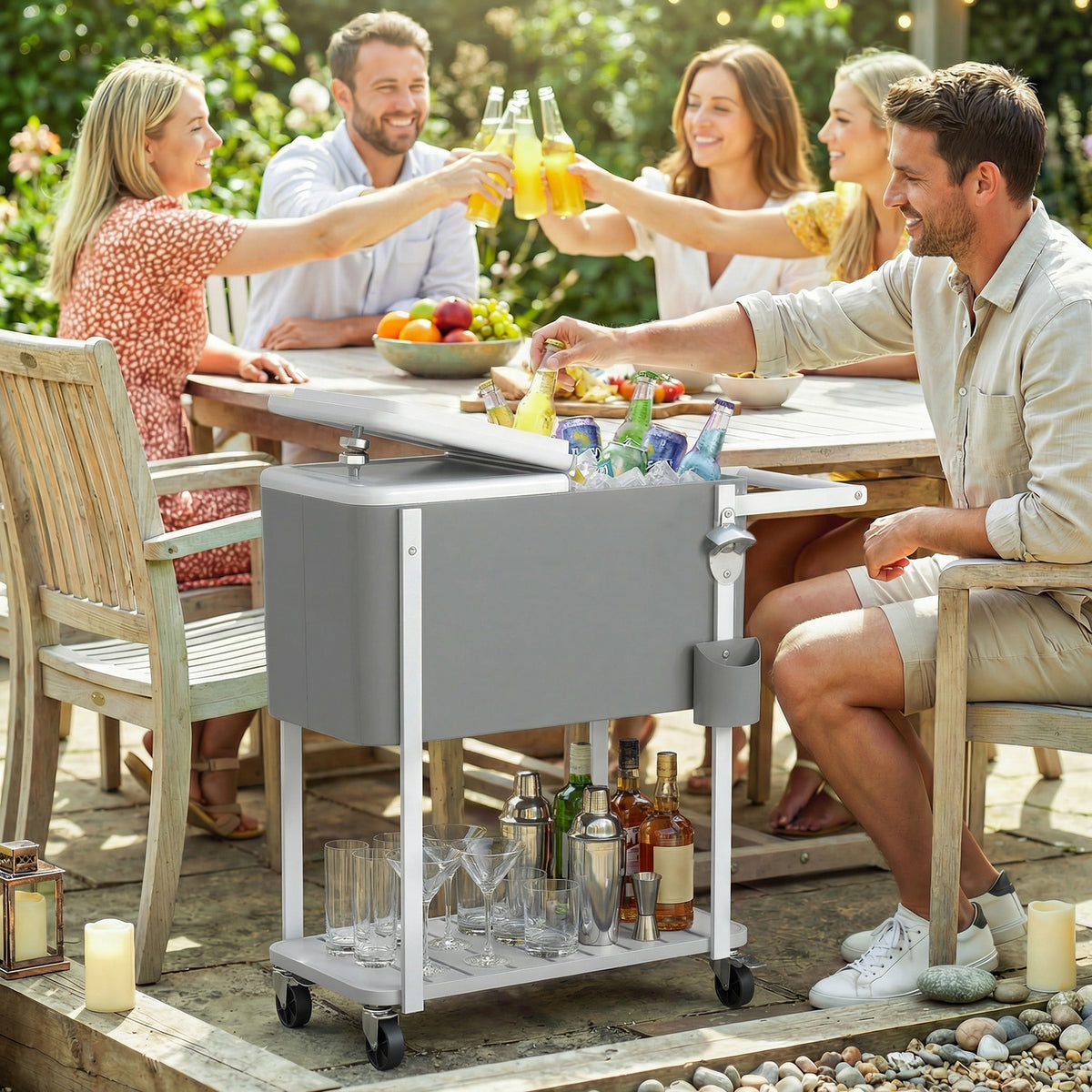 56L Capacity Cooler Cart, Serving Cart with Wheels, Bottle Opener, Bottom Shelf, Handle, Mobile Beverage Cart (2)