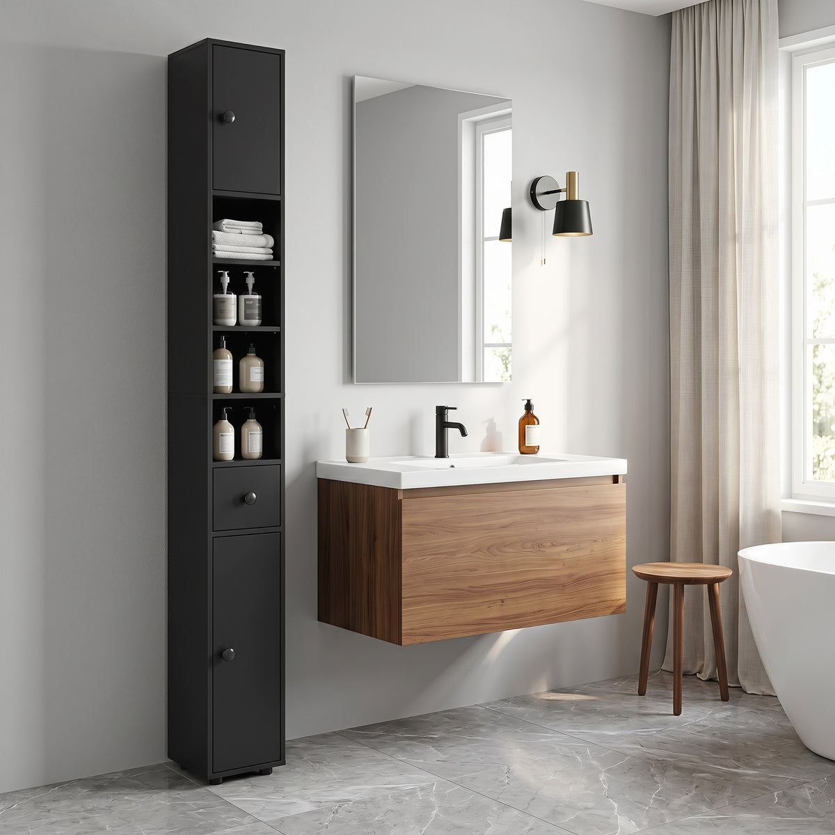 180 cm Slim Bathroom Cabinet, Toilet Paper Shelf with Open Compartments, 2 Cabinets, Black (2)