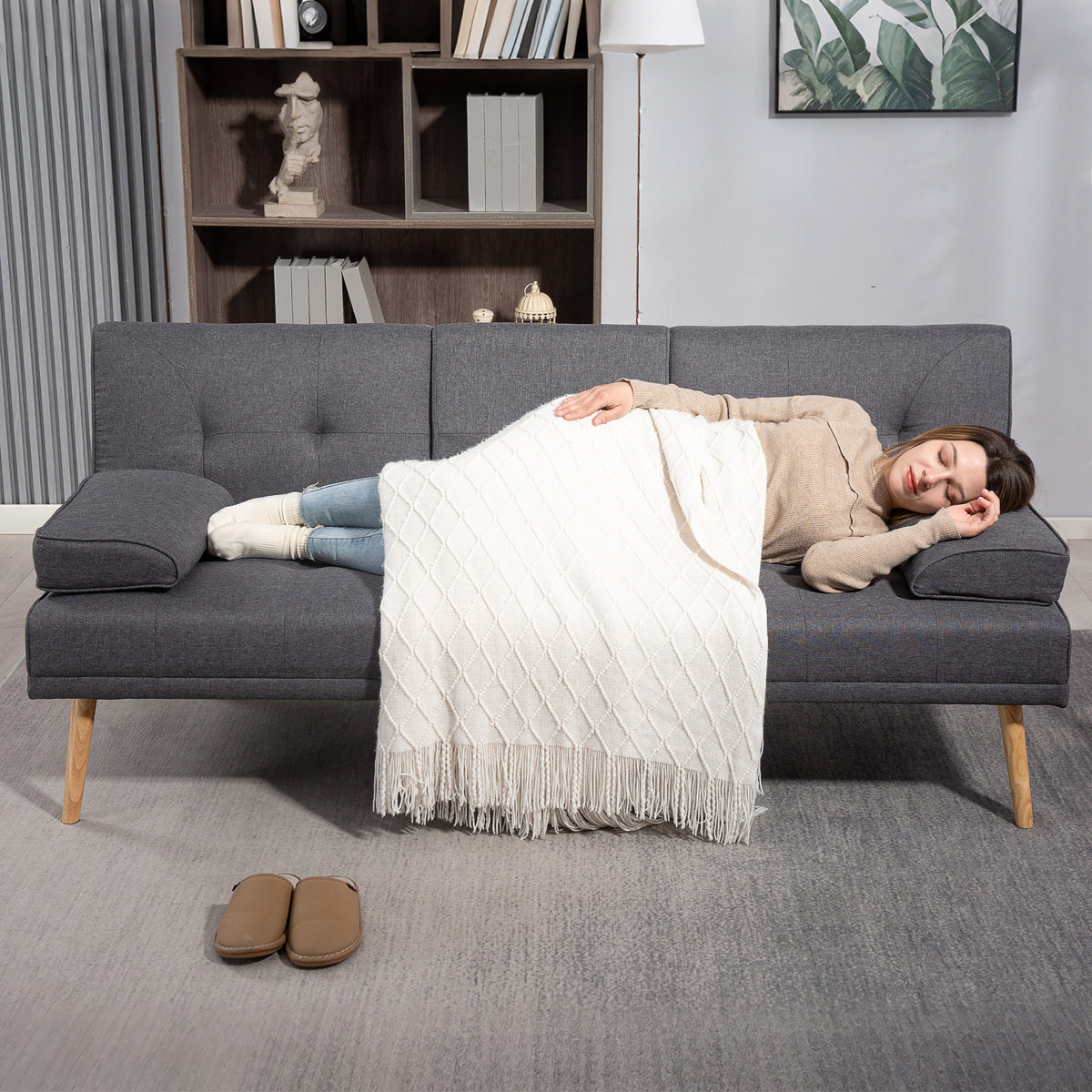 Scandi-style sofa bed, 3-seater sofa, 2 cushions, grey + natural (8)