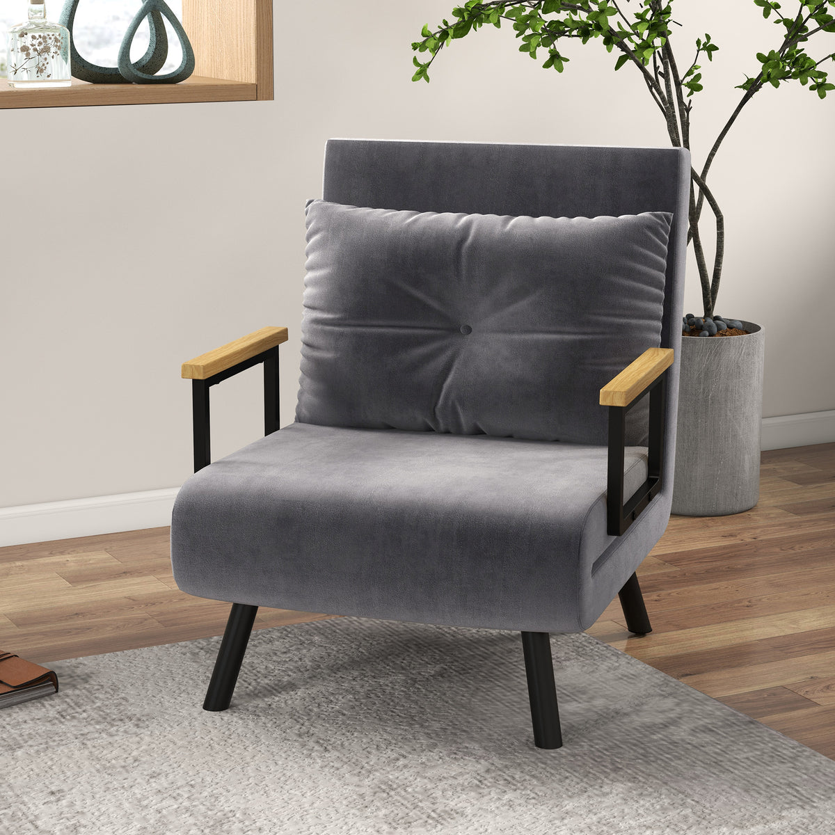 Scandinavian-style recliner, lounge chair, reading chair. Incl. button-tufted cushion, black + natural (2)