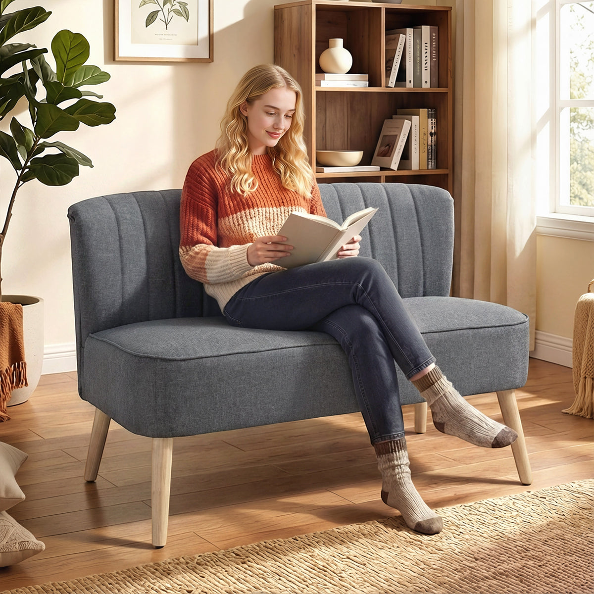 2-seater sofa, linen-look upholstered sofa, wooden frame, for living room bedroom, 117 cm, gray (2)