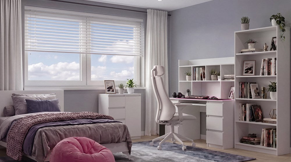 Möbelset Schreibtisch Kuba mit Aufsatz 130 + Kommode 2D2S + Regal R80 WEISS – Produktabbildung 2
