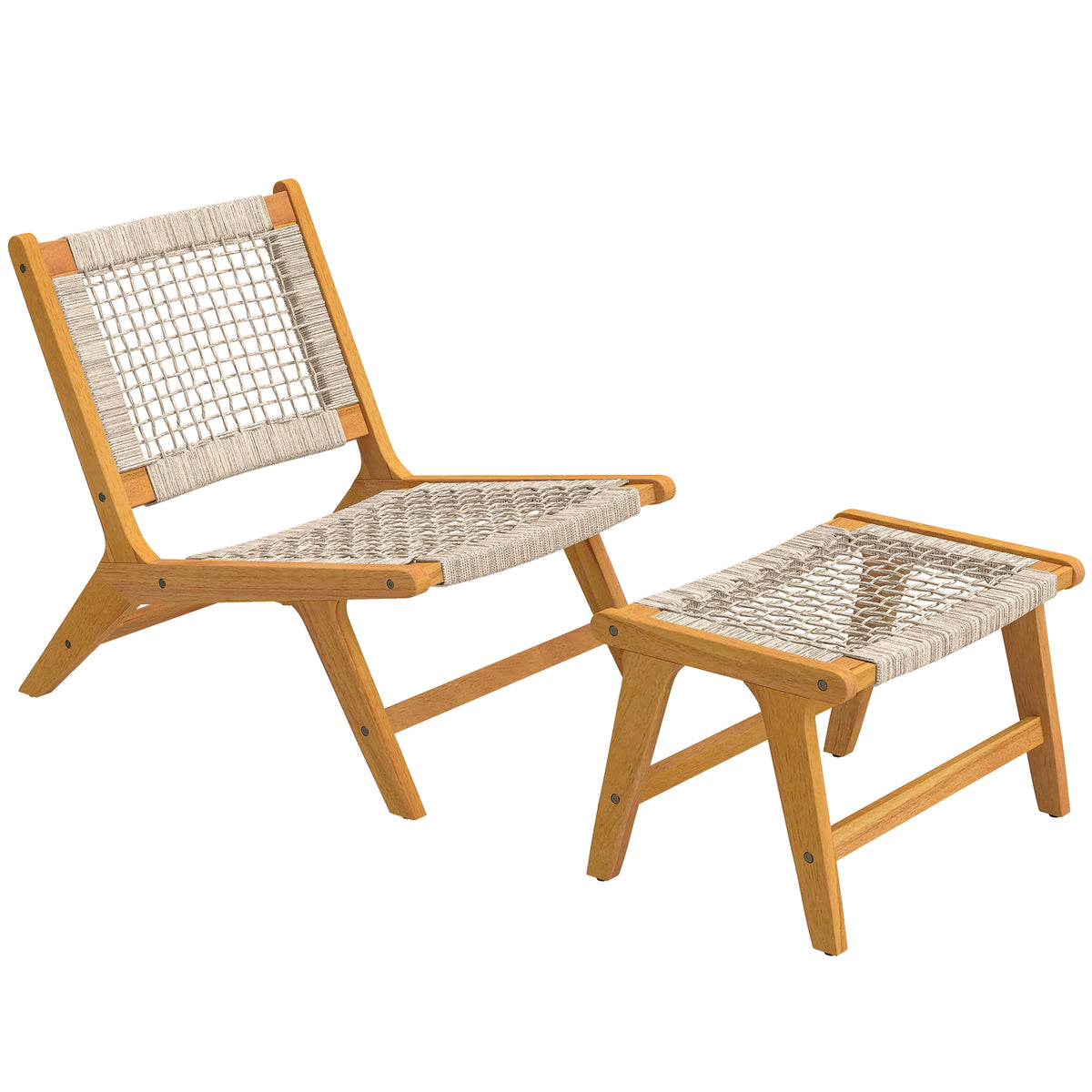 2-piece garden chair with footstool, acacia wood outdoor lounge chair with rattan seat, boho style, adjustable