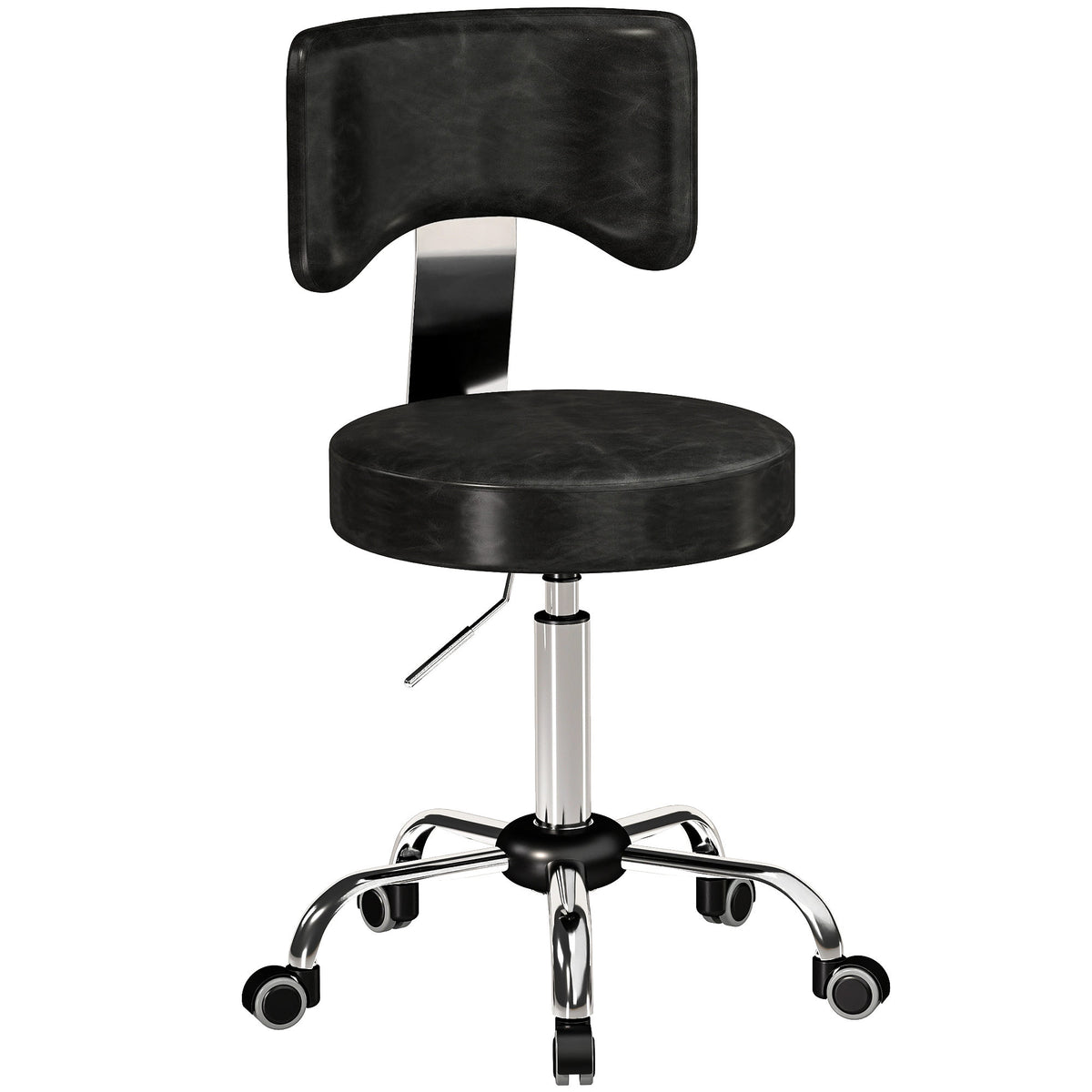 Rolling stool, height-adjustable salon chair made of PU leather with cushioned seat, backrest and casters, black