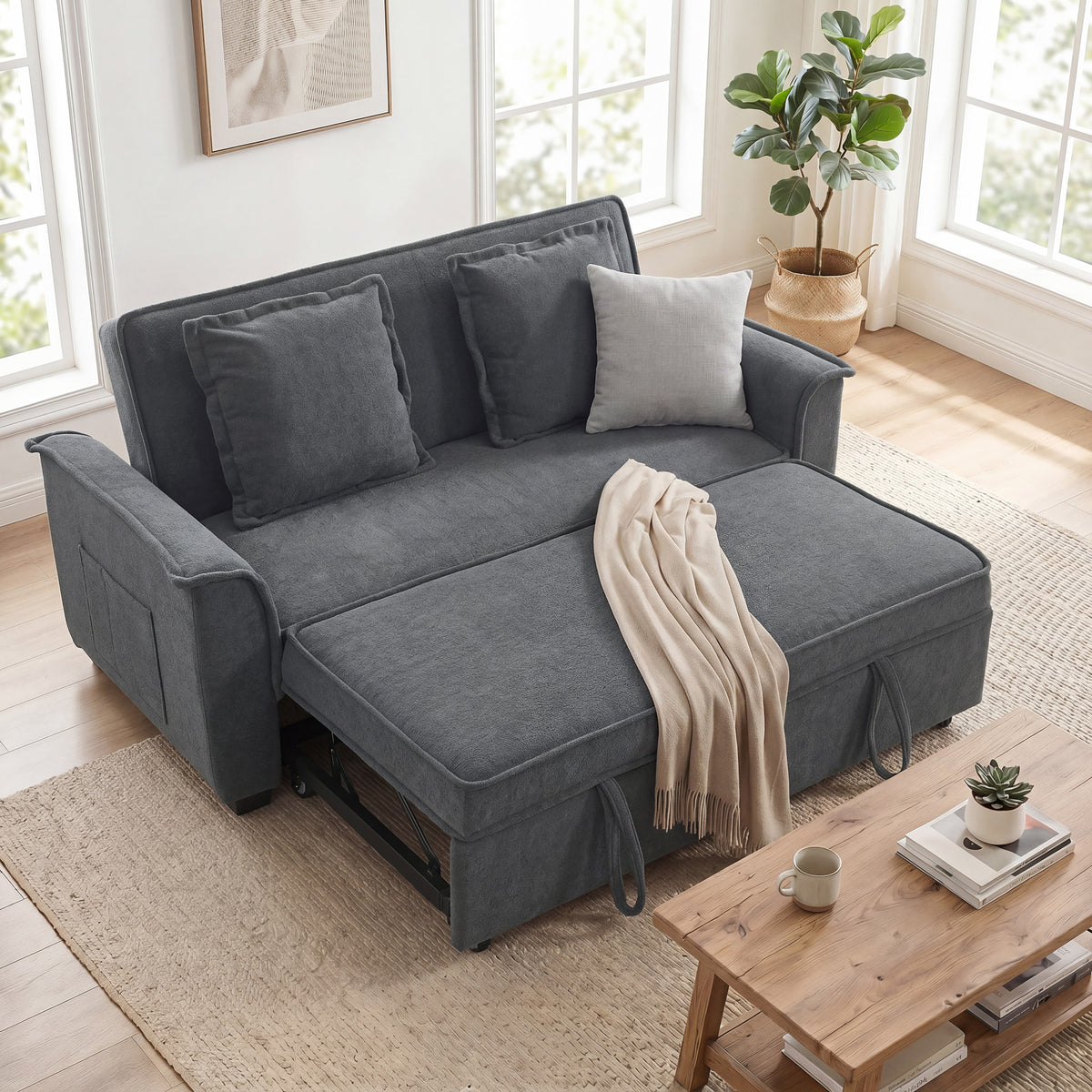 Futon-sovesofa, justerbart ryglæn, 2-personers med 2 puder, mørkegrå (2)